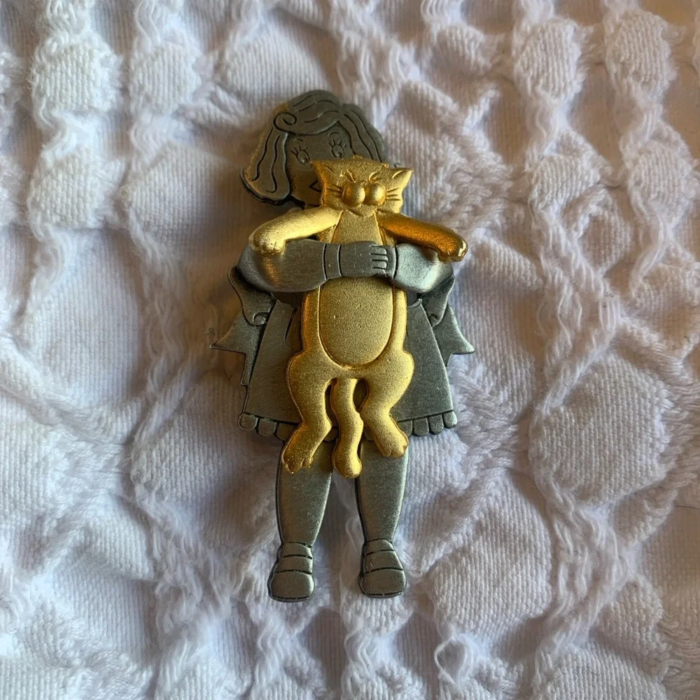 Cat Hug Girl Vintage JJ Jonette Pin - Gold & Silver Metal